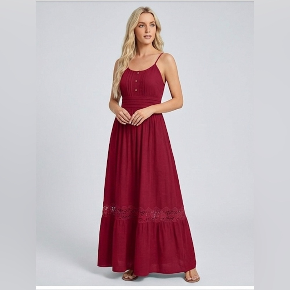 LAST ONE 🔥 Boho Shirred Ruffle Lace Hem Maxi Dress Burgundy